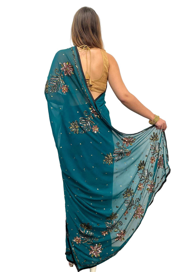 Dark Blue With Pink Embroidery Saree - myethnicrentals