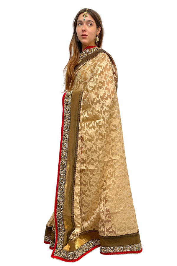 Ivory and Gold Heavy Embroidery Saree - myethnicrentals
