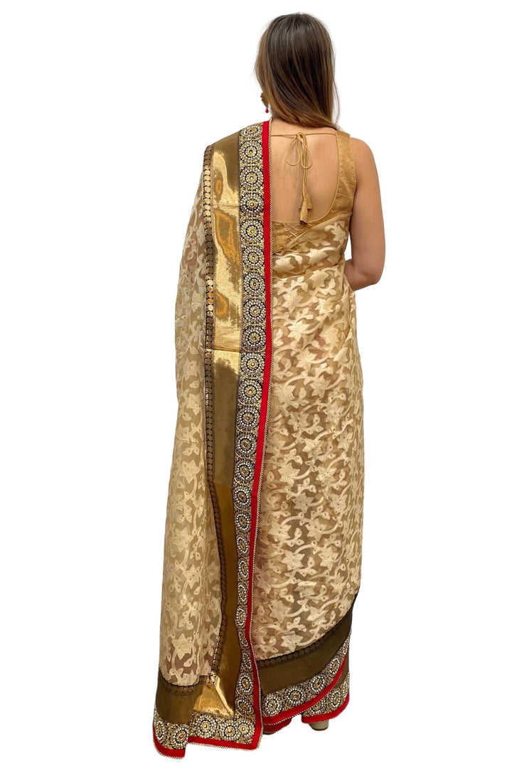 Ivory and Gold Heavy Embroidery Saree - myethnicrentals