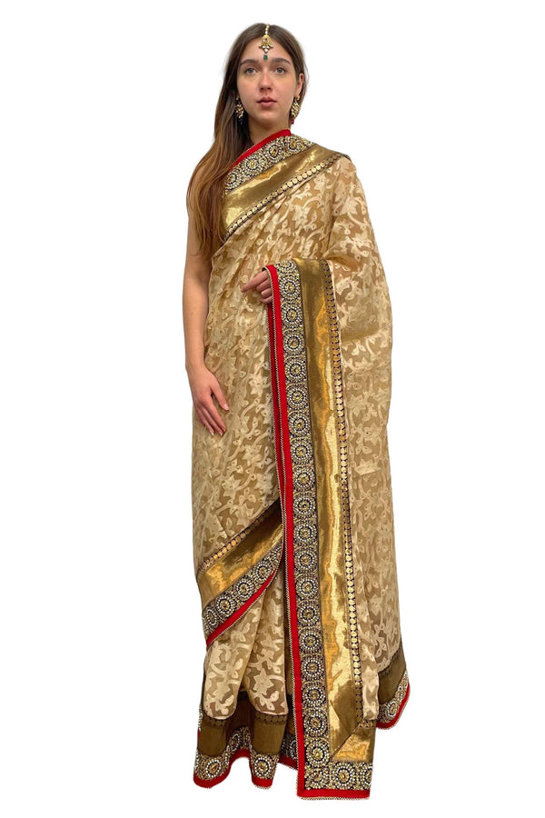 Ivory and Gold Heavy Embroidery Saree - myethnicrentals