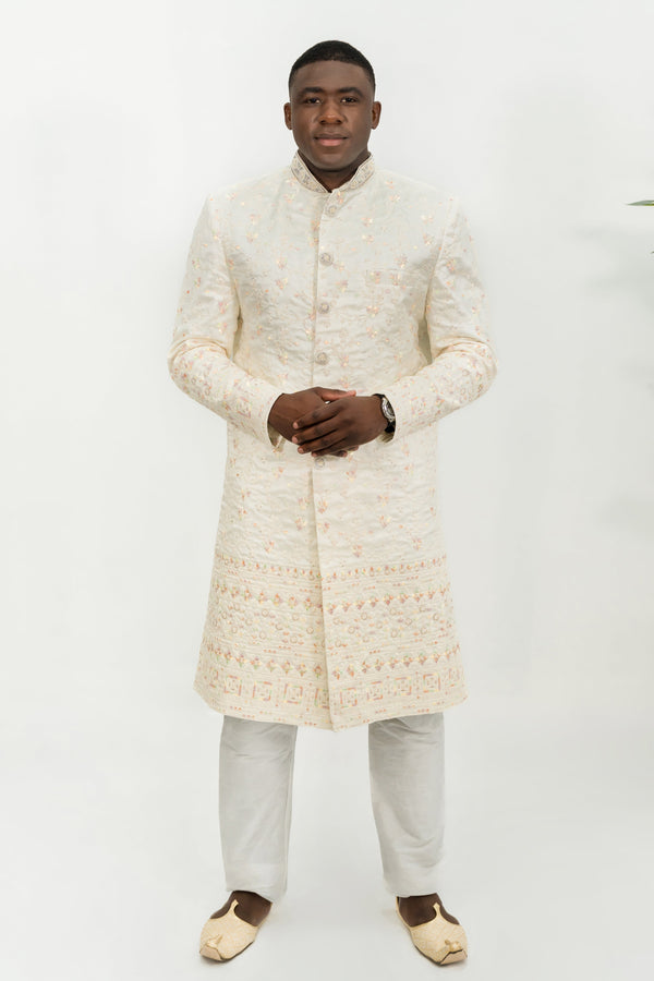 Off-White Floral Embroidered Sherwani