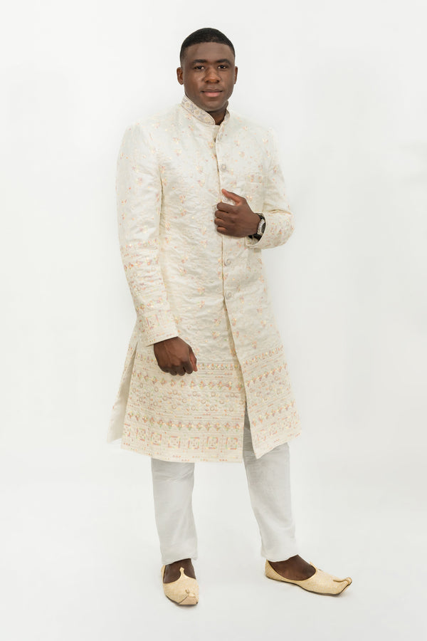 Off-White Floral Embroidered Sherwani