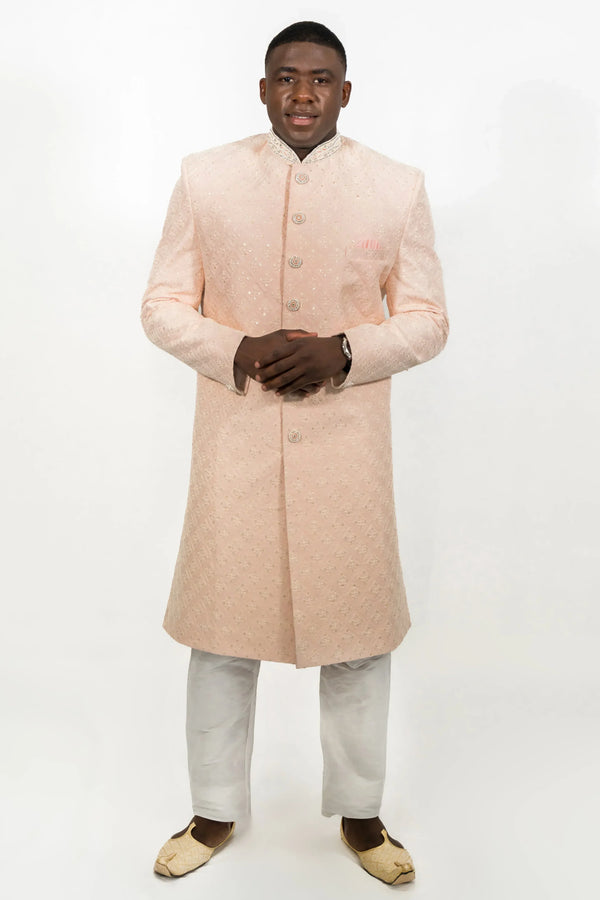 Soft Pastel Peach Embroidered Sherwani (Outside Ontario) - myethnicrentals