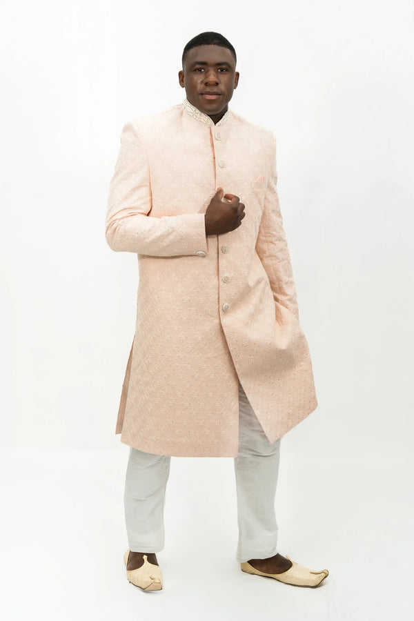 Soft Pastel Peach Embroidered Sherwani (Outside Ontario) - myethnicrentals