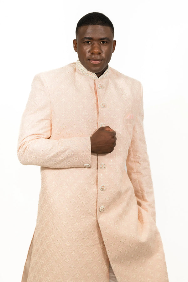 Soft Pastel Peach Embroidered Sherwani (Outside Ontario) - myethnicrentals
