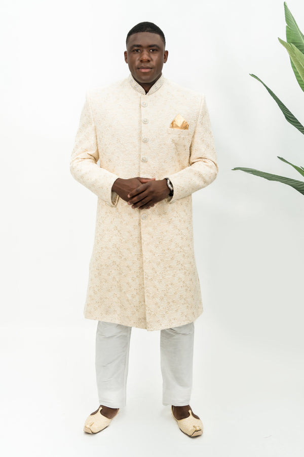 Cream Peach Floral Embroidered Sherwani