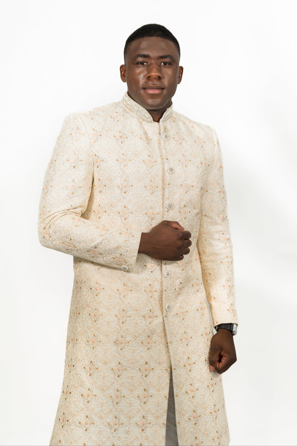 Cream Peach Floral Embroidered Sherwani