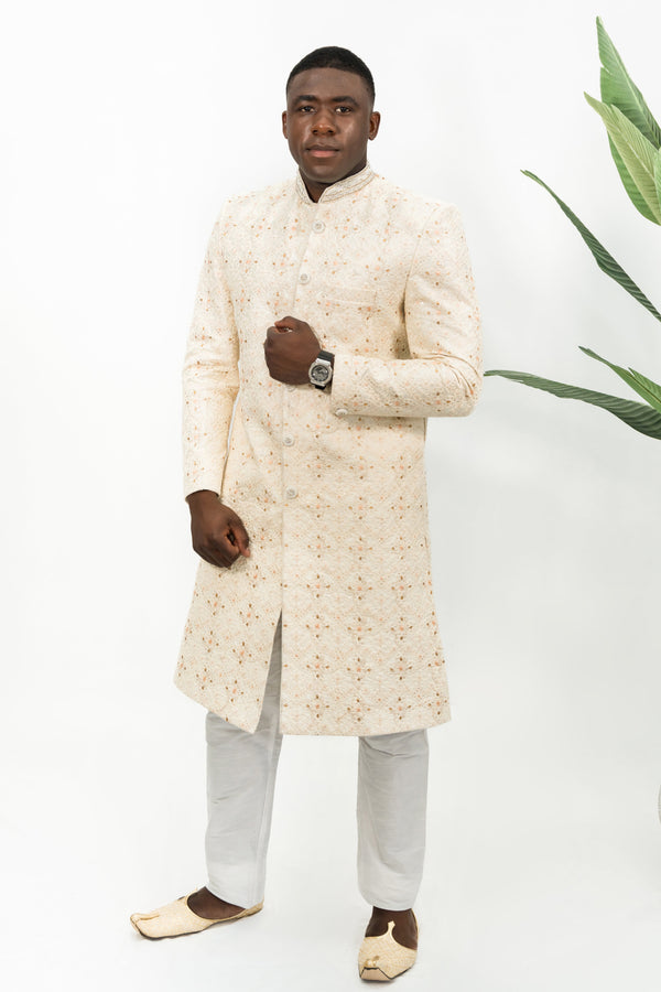 Cream Peach Floral Embroidered Sherwani