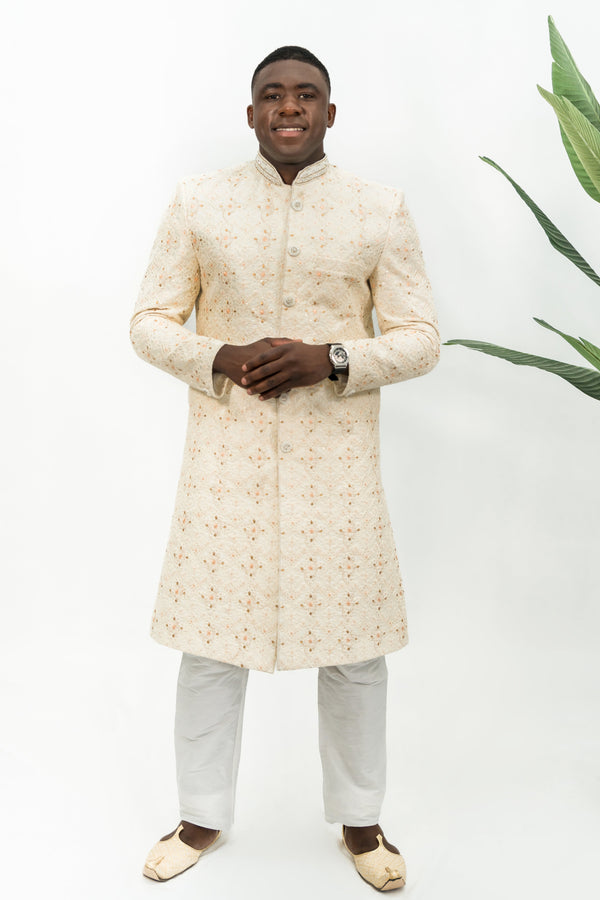 Cream Peach Floral Embroidered Sherwani