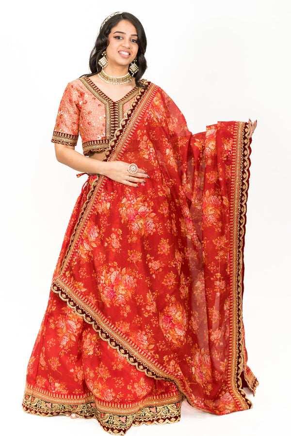 RED FLORAL LEHENGA