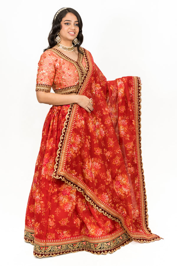 RED FLORAL LEHENGA