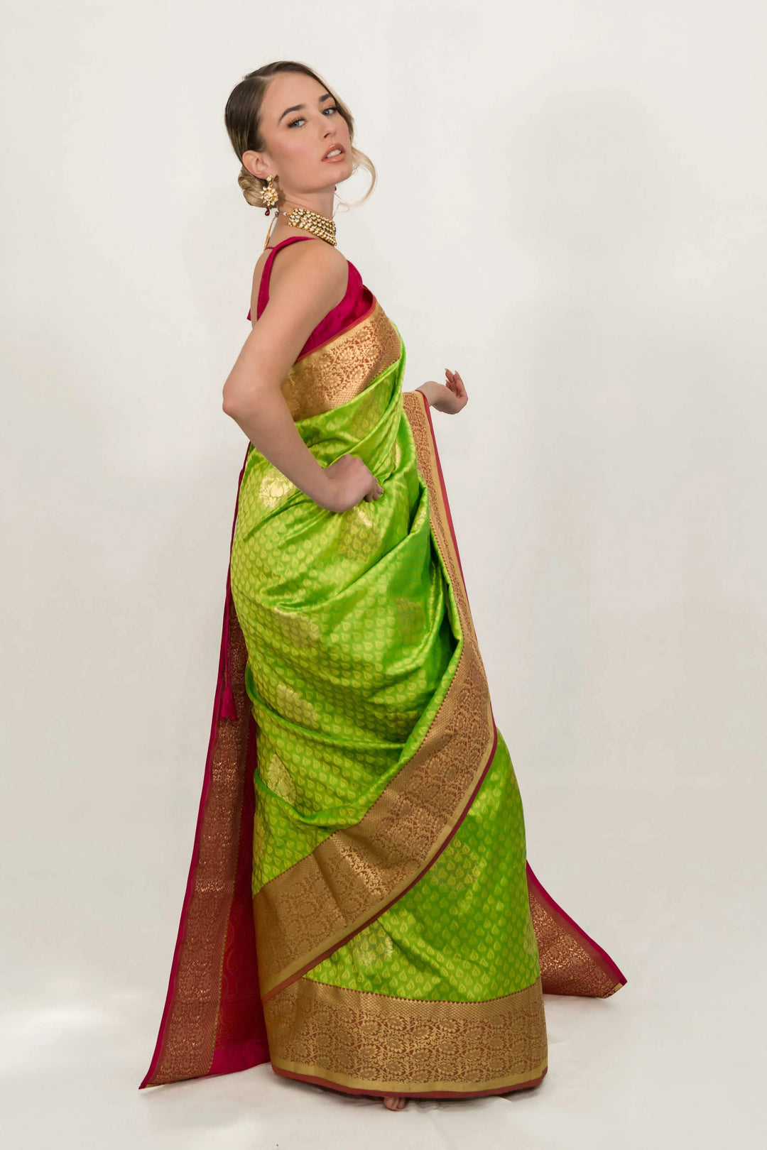 Lime Green Banarsi silk Saree (Outside Ontario) - myethnicrentals