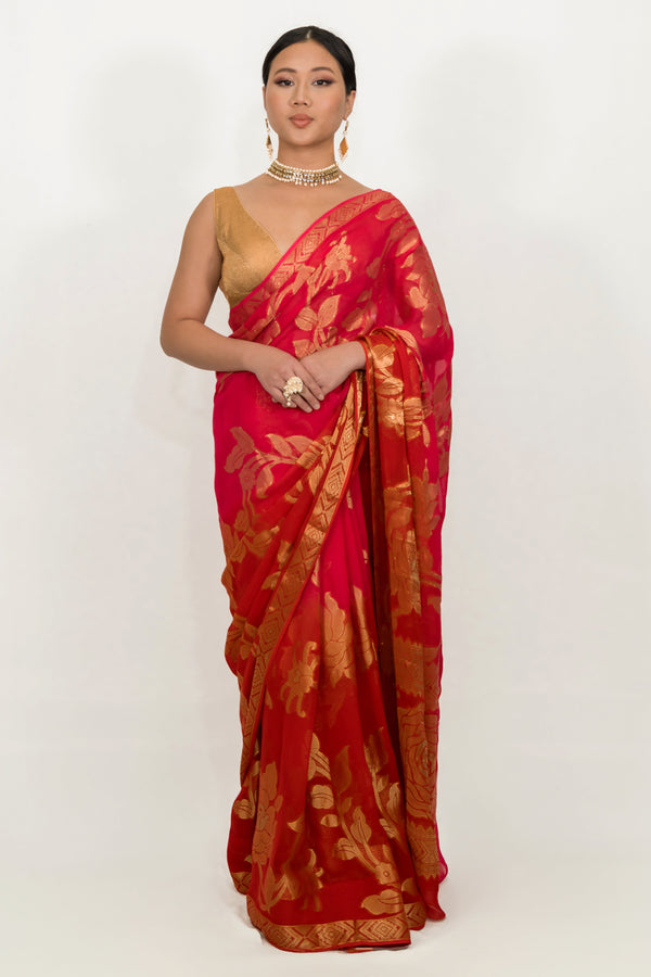 Carrot Red Gerogette Banarsi Saree