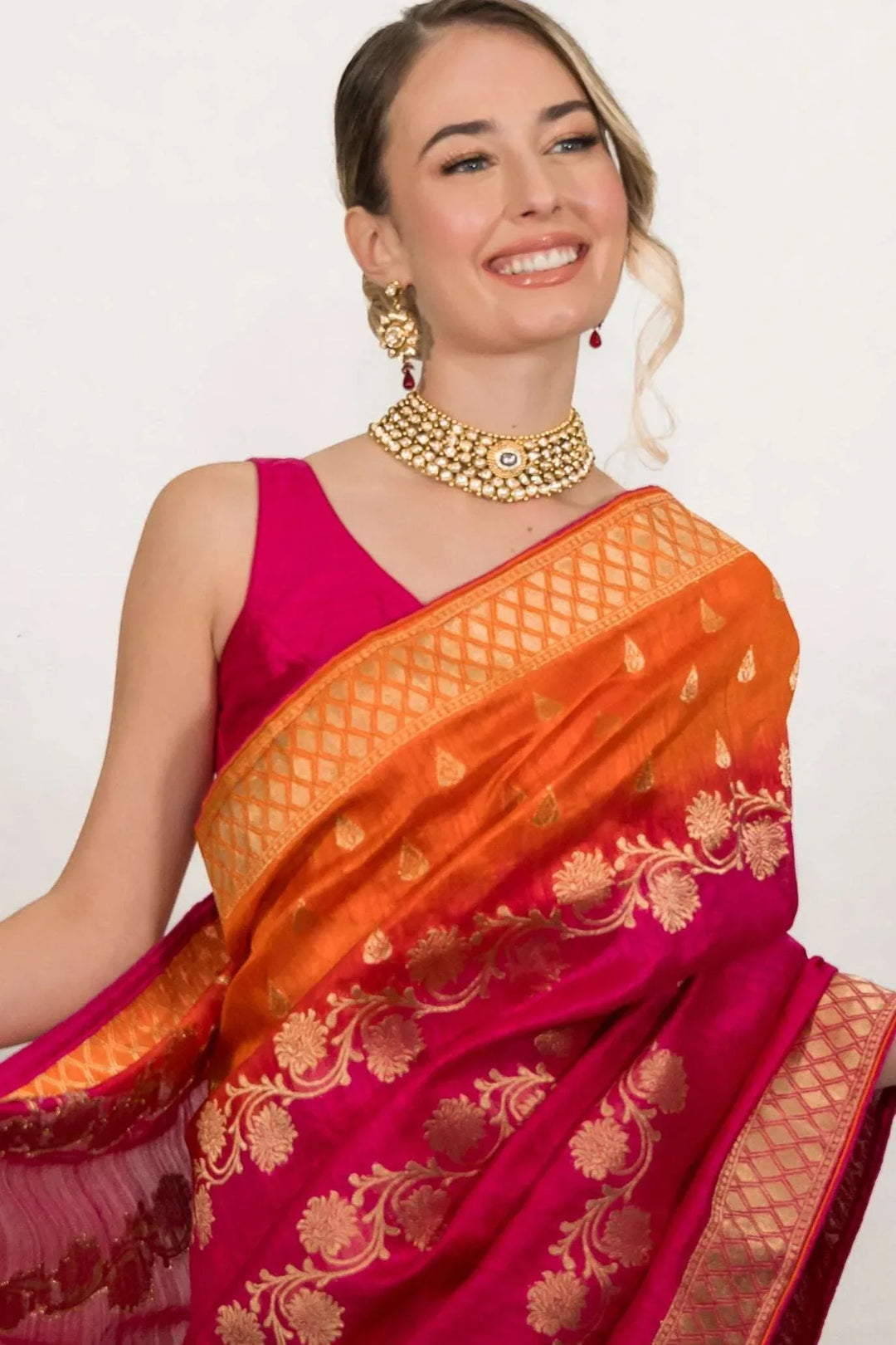 Deep Fuchsia Pink Floral Embroidered Saree (Outside Ontario) - myethnicrentals