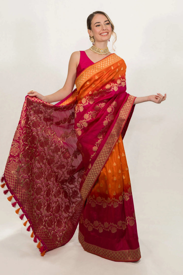 Deep Fuchsia Pink Floral Embroidered Saree (Outside Ontario) - myethnicrentals
