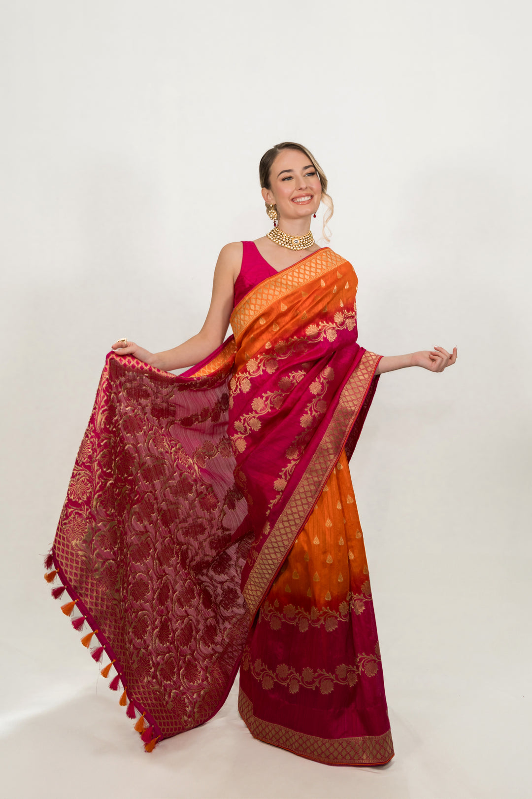 Deep Fuchsia Pink Floral Embroidered Saree