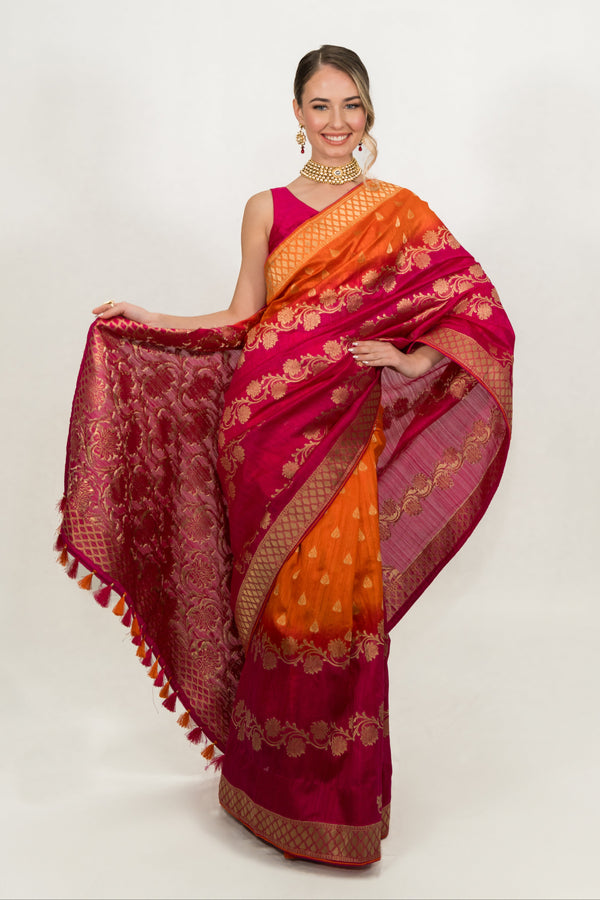 Deep Fuchsia Pink Floral Embroidered Saree