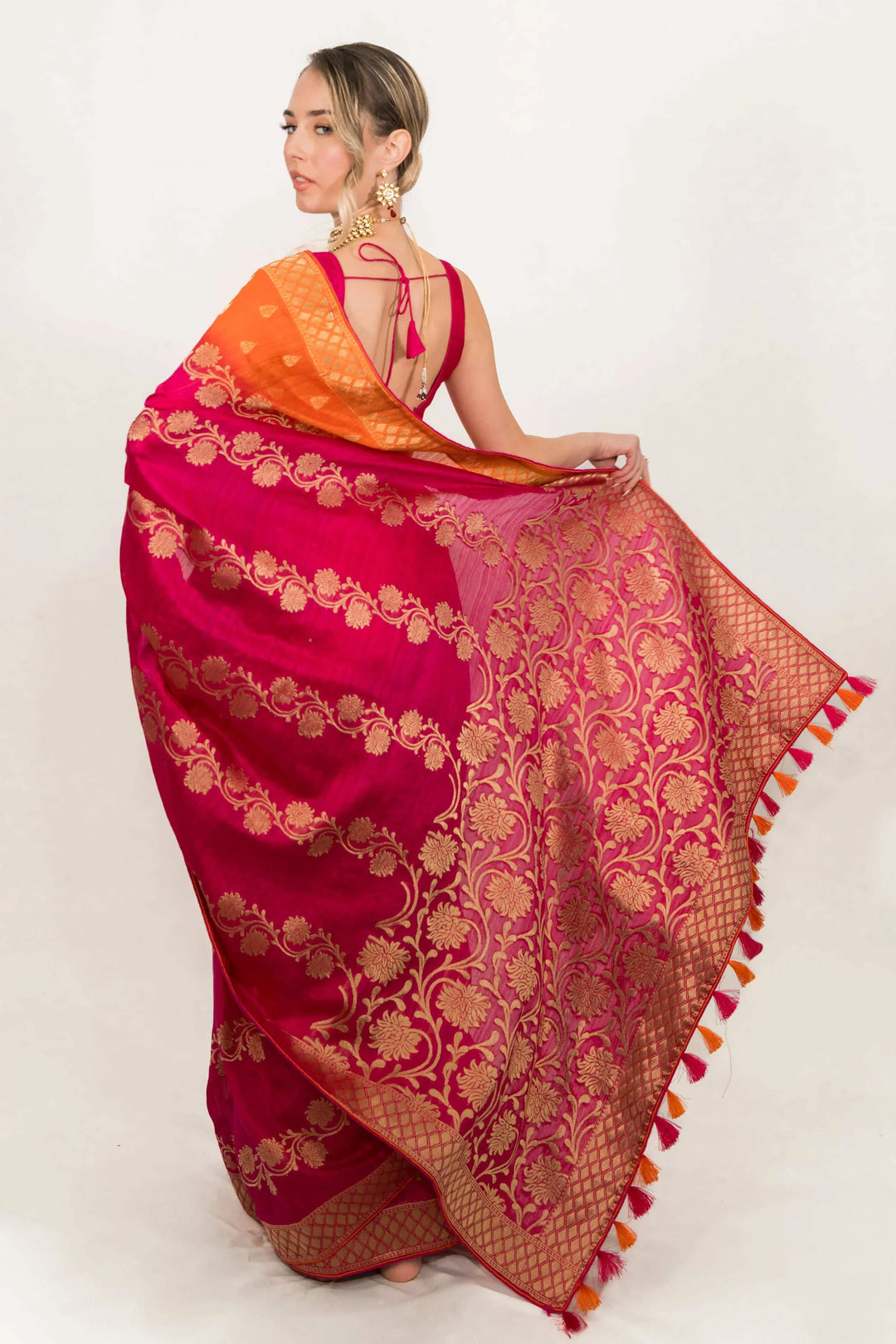 Deep Fuchsia Pink Floral Embroidered Saree (Outside Ontario) - myethnicrentals