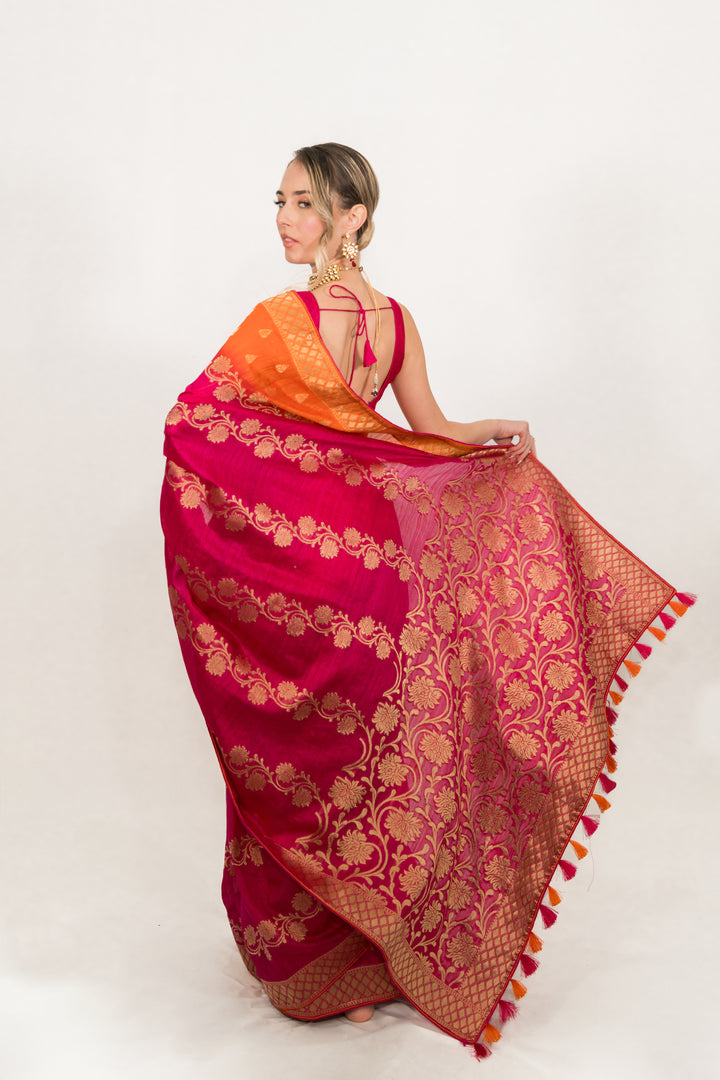 Deep Fuchsia Pink Floral Embroidered Saree