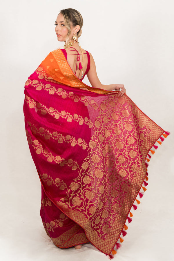 Deep Fuchsia Pink Floral Embroidered Saree