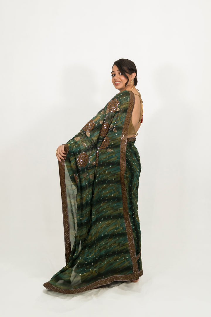 Embroidered Sequins Green Saree