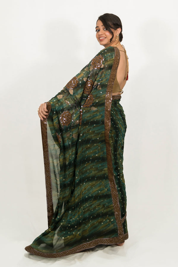 Embroidered Sequins Green Saree