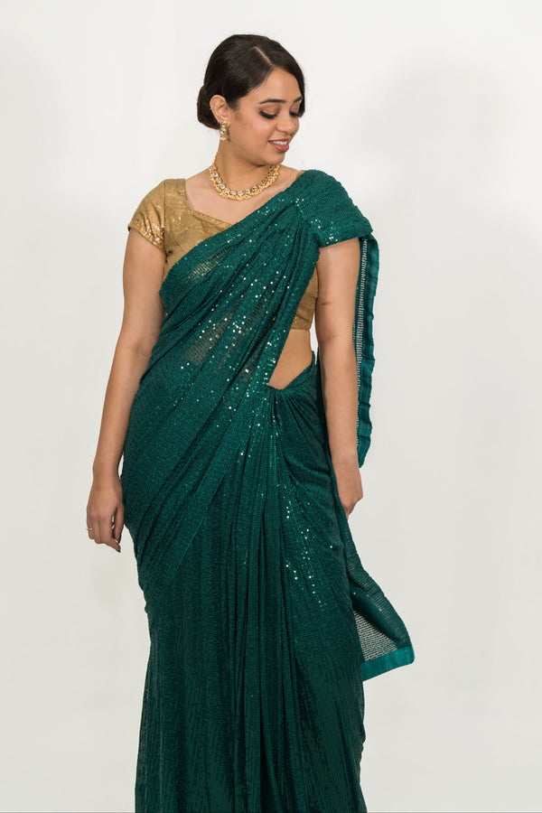 Embroidered Sequins Green Saree