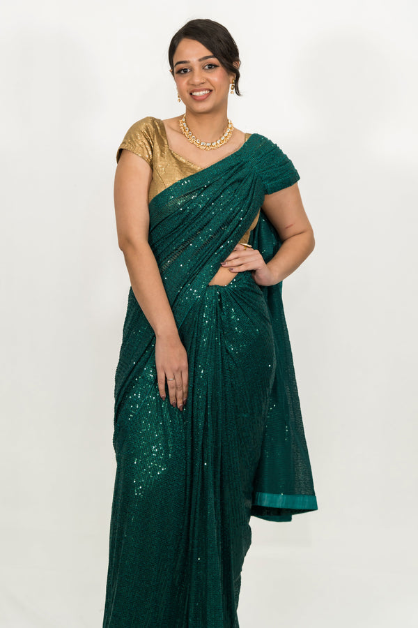 Embroidered Sequins Green Saree