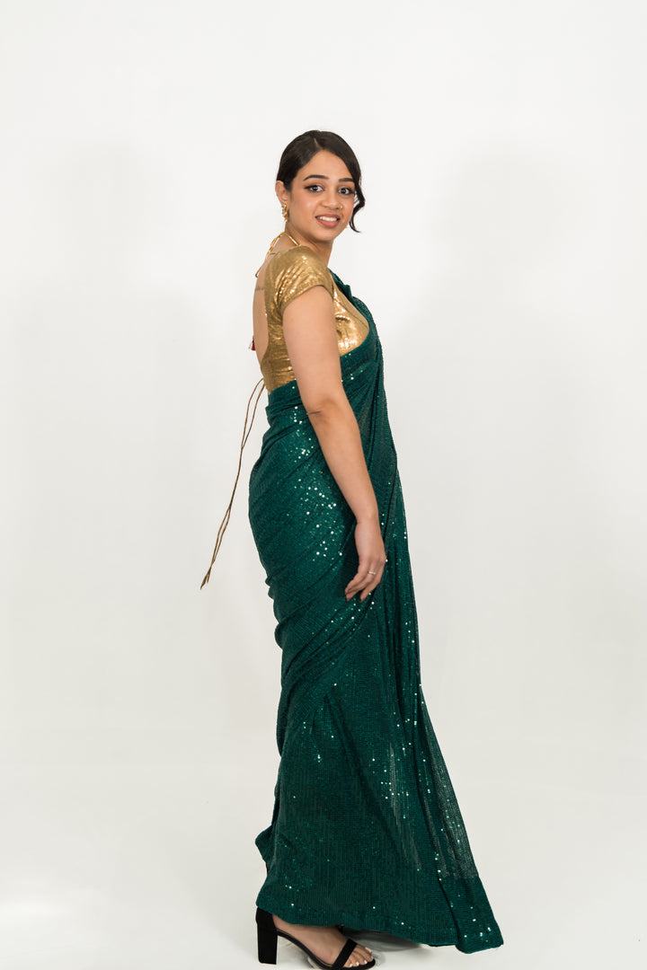 Embroidered Sequins Green Saree