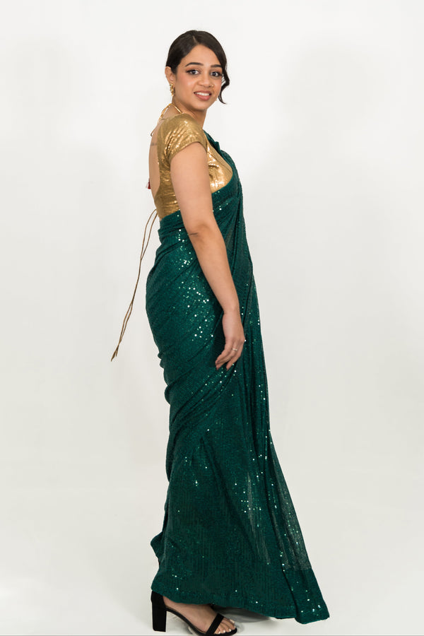Embroidered Sequins Green Saree