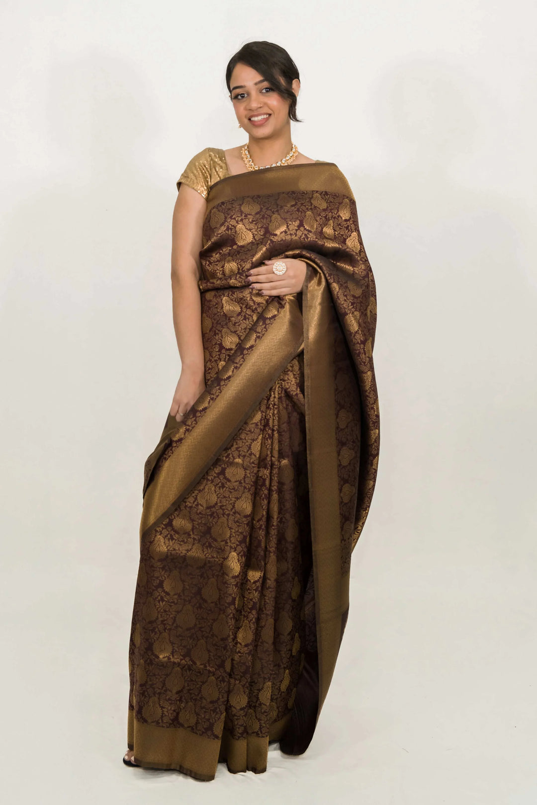 Mehendi Brown Weaving Work Saree (Outside Ontario) - myethnicrentals