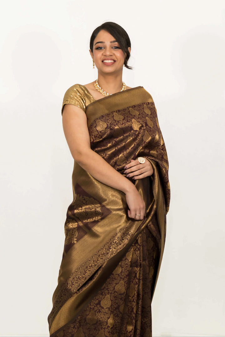 Mehendi Brown Weaving Work Saree (Outside Ontario) - myethnicrentals