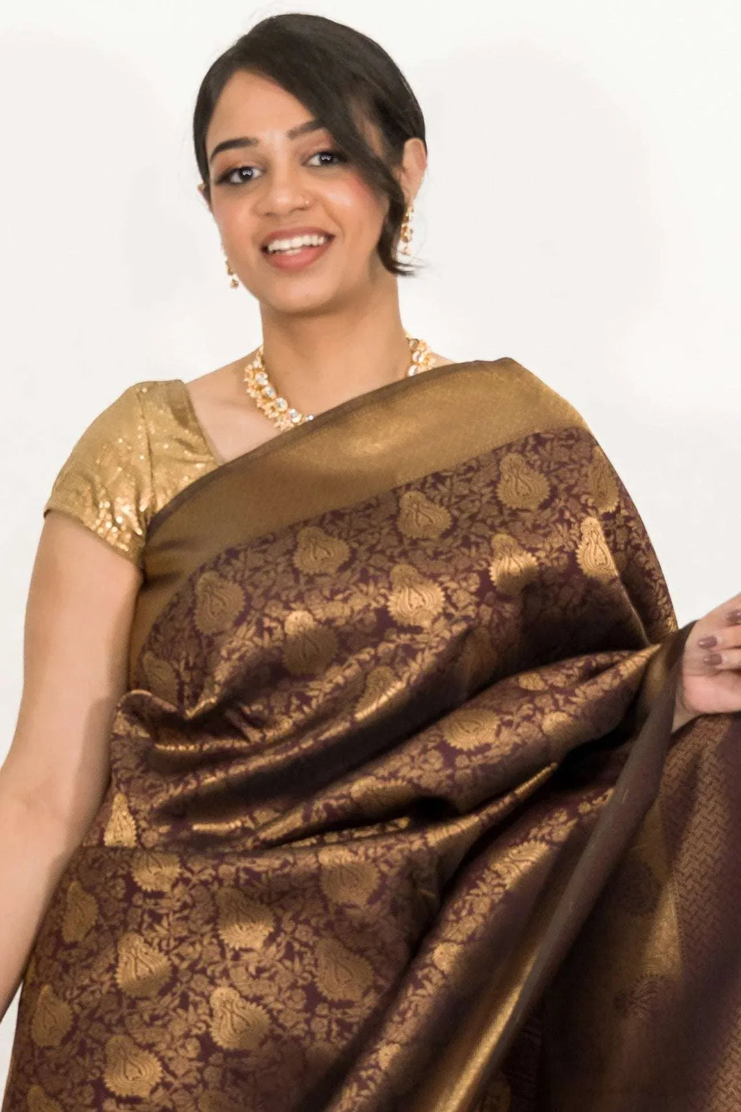 Mehendi Brown Weaving Work Saree (Outside Ontario) - myethnicrentals