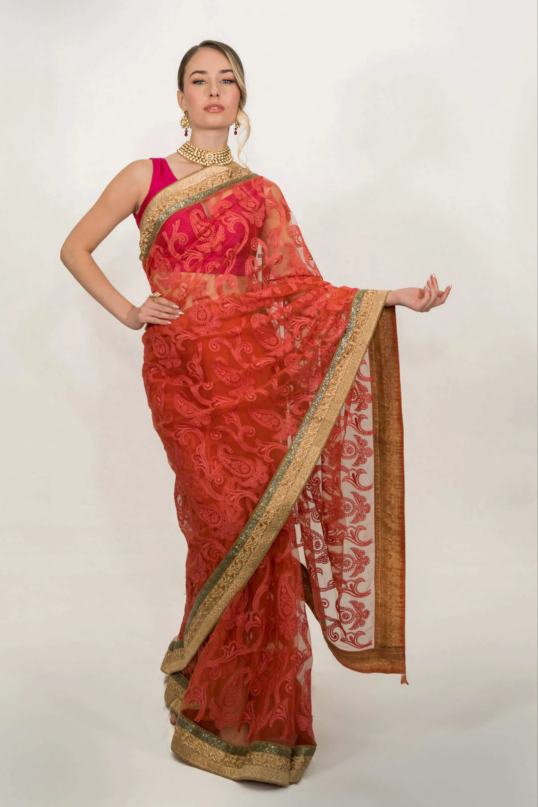 Pink Floral Embroidered Net Saree (Outside Ontario) - myethnicrentals