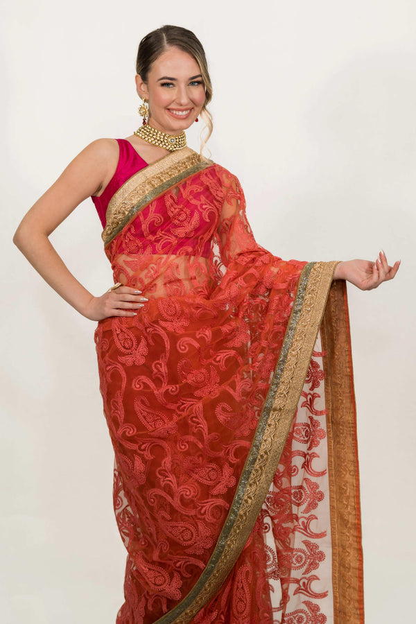 Pink Floral Embroidered Net Saree (Outside Ontario) - myethnicrentals