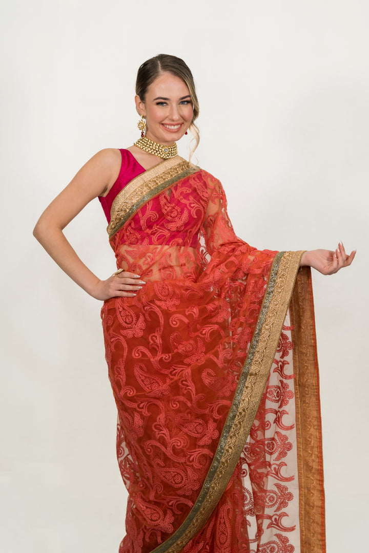 Pink Floral Embroidered Net Saree