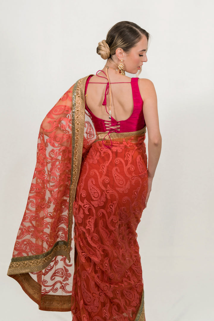 Pink Floral Embroidered Net Saree