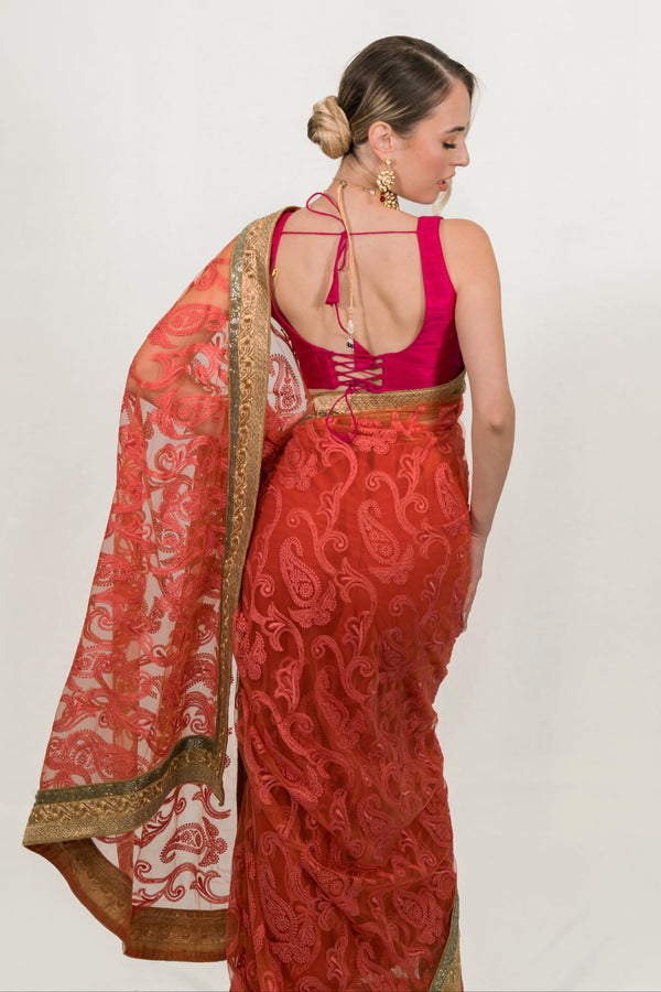 Pink Floral Embroidered Net Saree