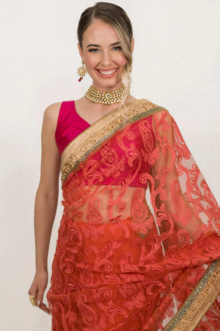 Pink Floral Embroidered Net Saree (Outside Ontario) - myethnicrentals