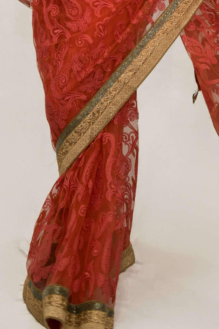 Pink Floral Embroidered Net Saree (Outside Ontario) - myethnicrentals