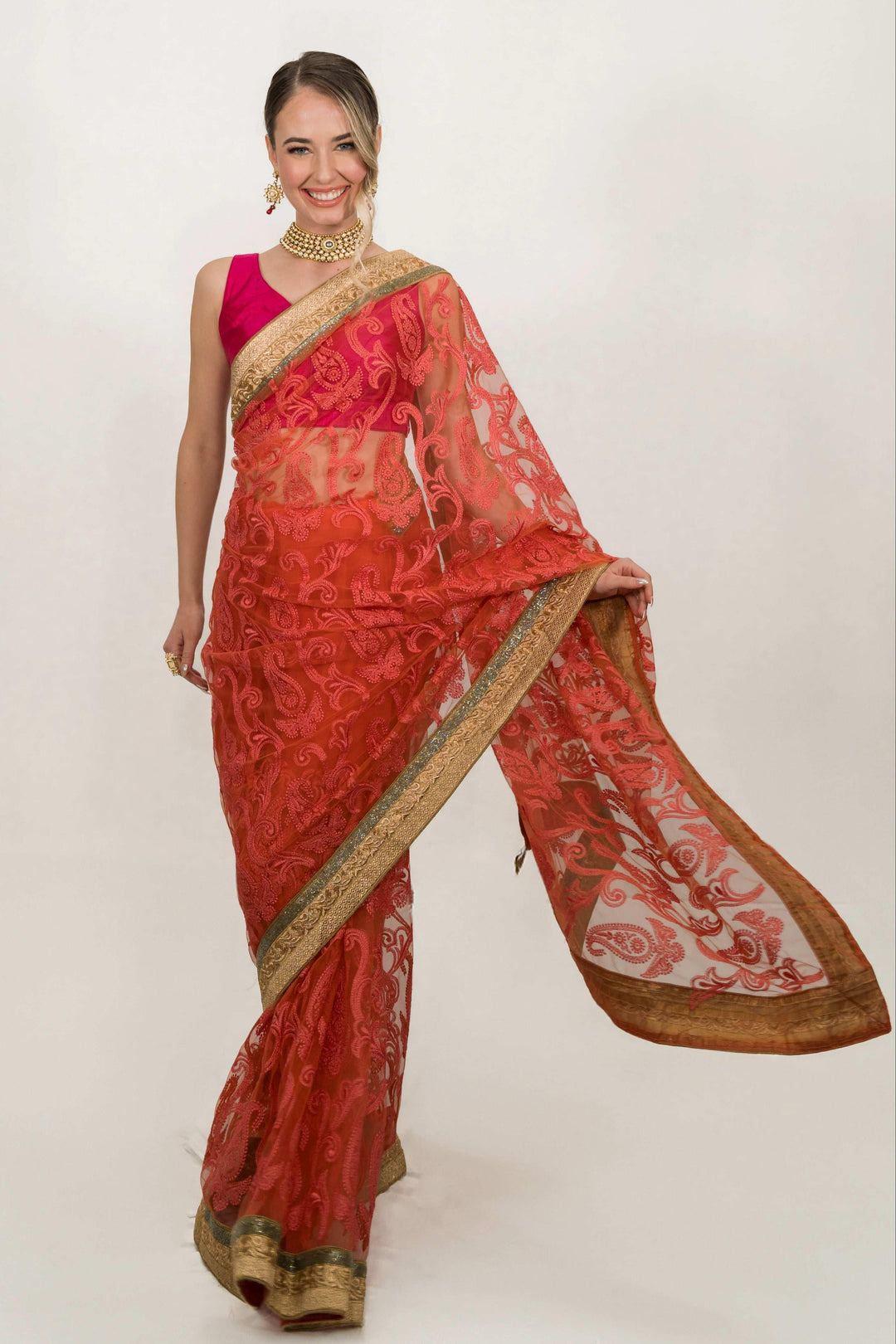 Pink Floral Embroidered Net Saree (Outside Ontario) - myethnicrentals
