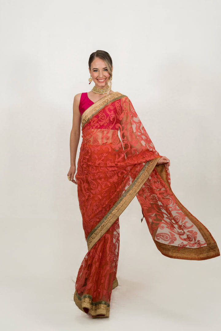 Pink Floral Embroidered Net Saree