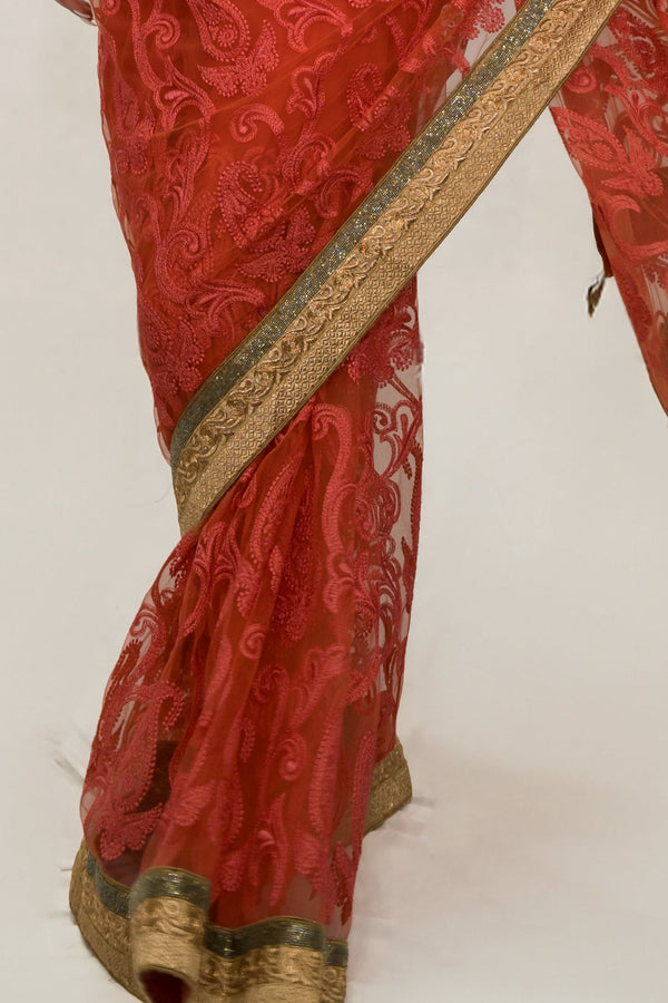Pink Floral Embroidered Net Saree