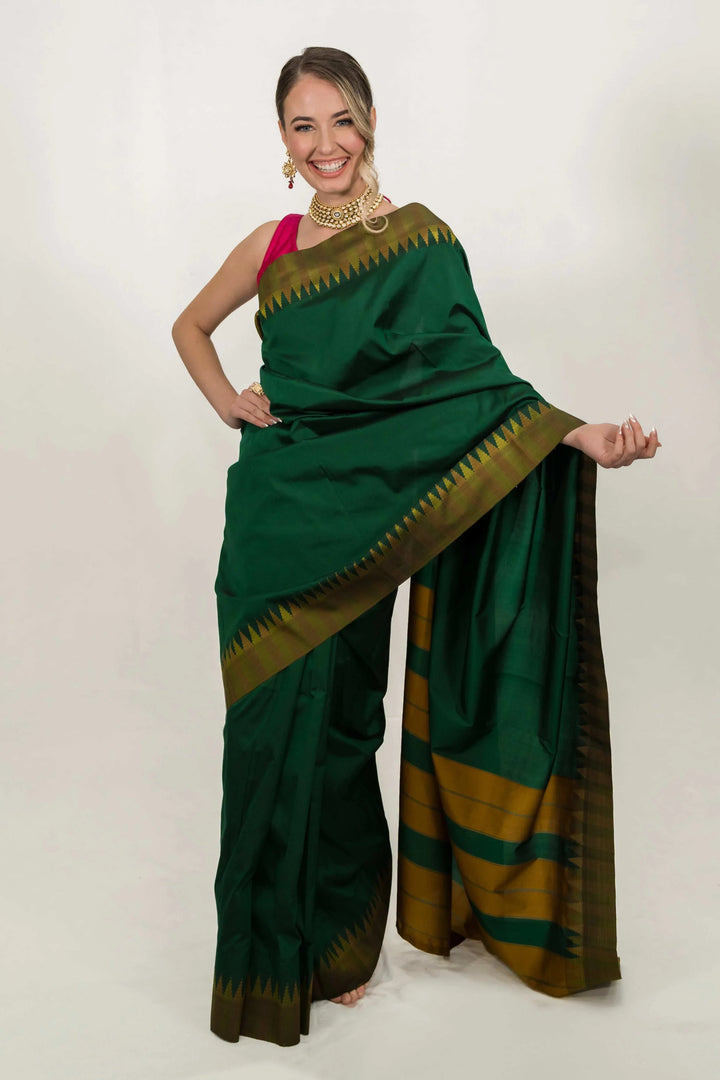 Forest Green Striped Silk Saree (Outside Ontario) - myethnicrentals