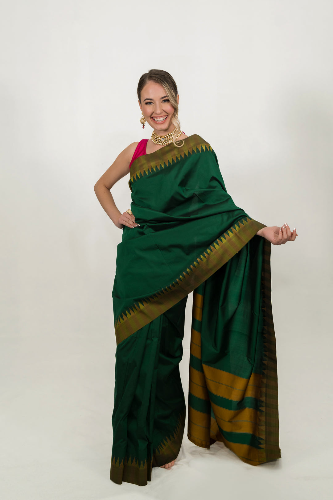 Forest Green Striped Silk Saree