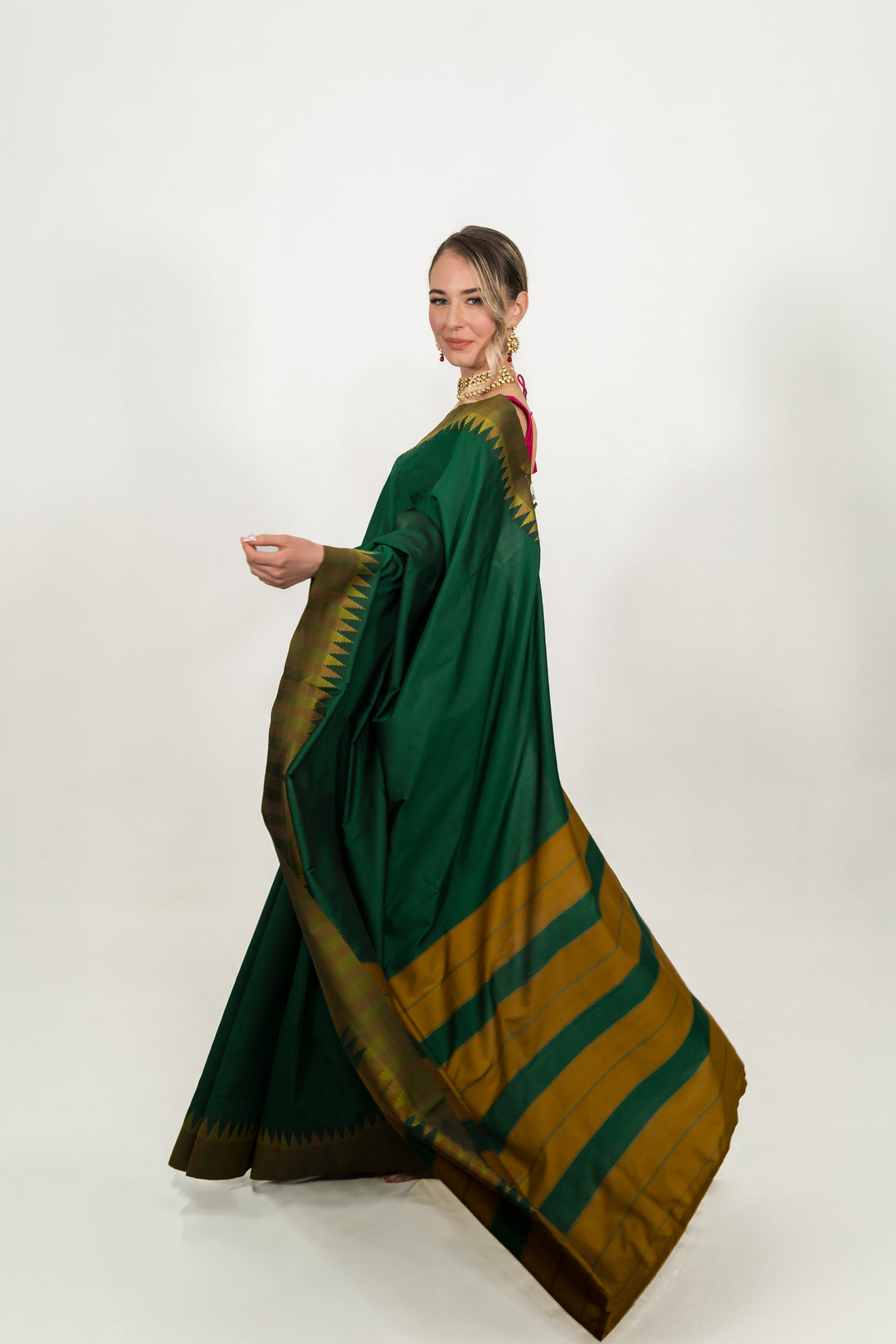 Forest Green Striped Silk Saree