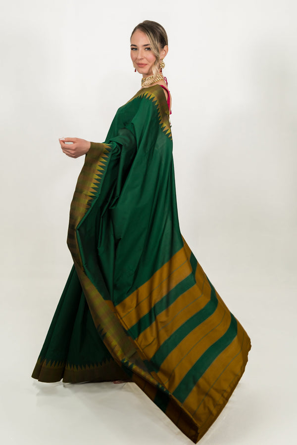 Forest Green Striped Silk Saree