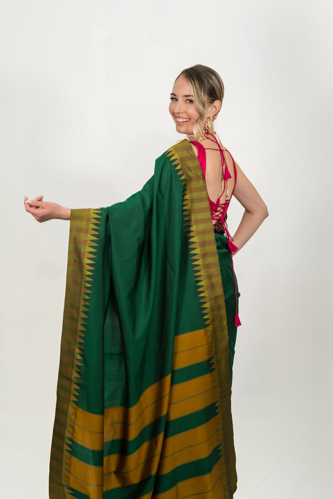 Forest Green Striped Silk Saree