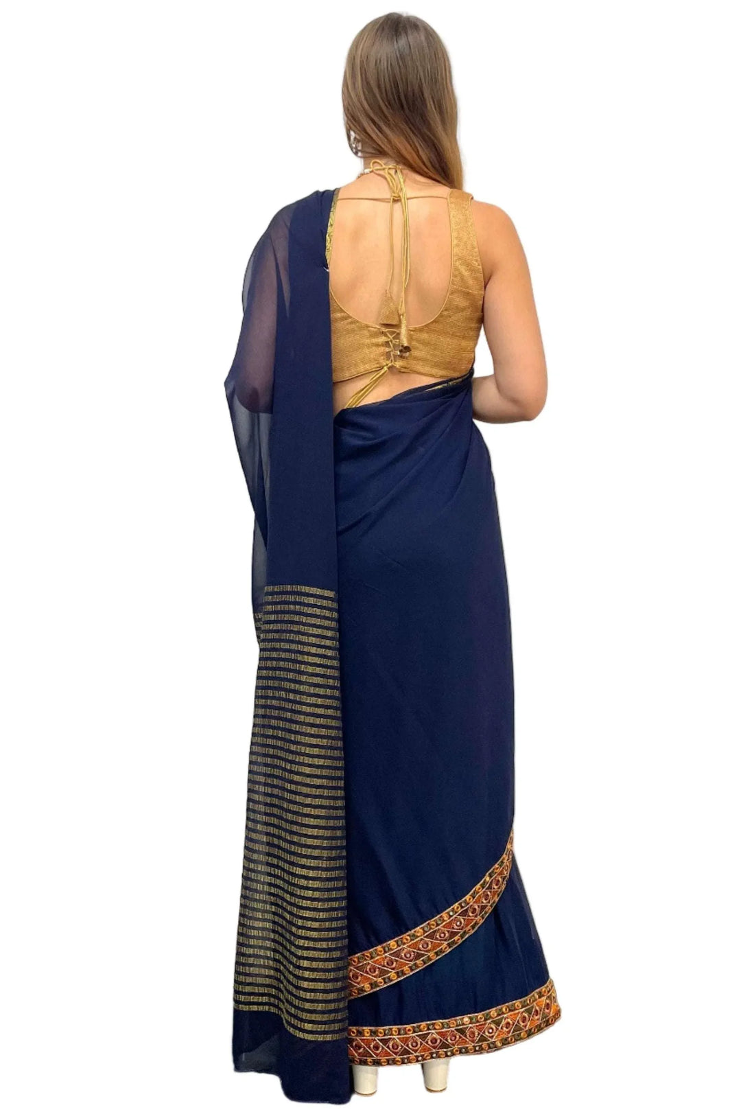 Navy Blue pure Gerogette Saree - myethnicrentals