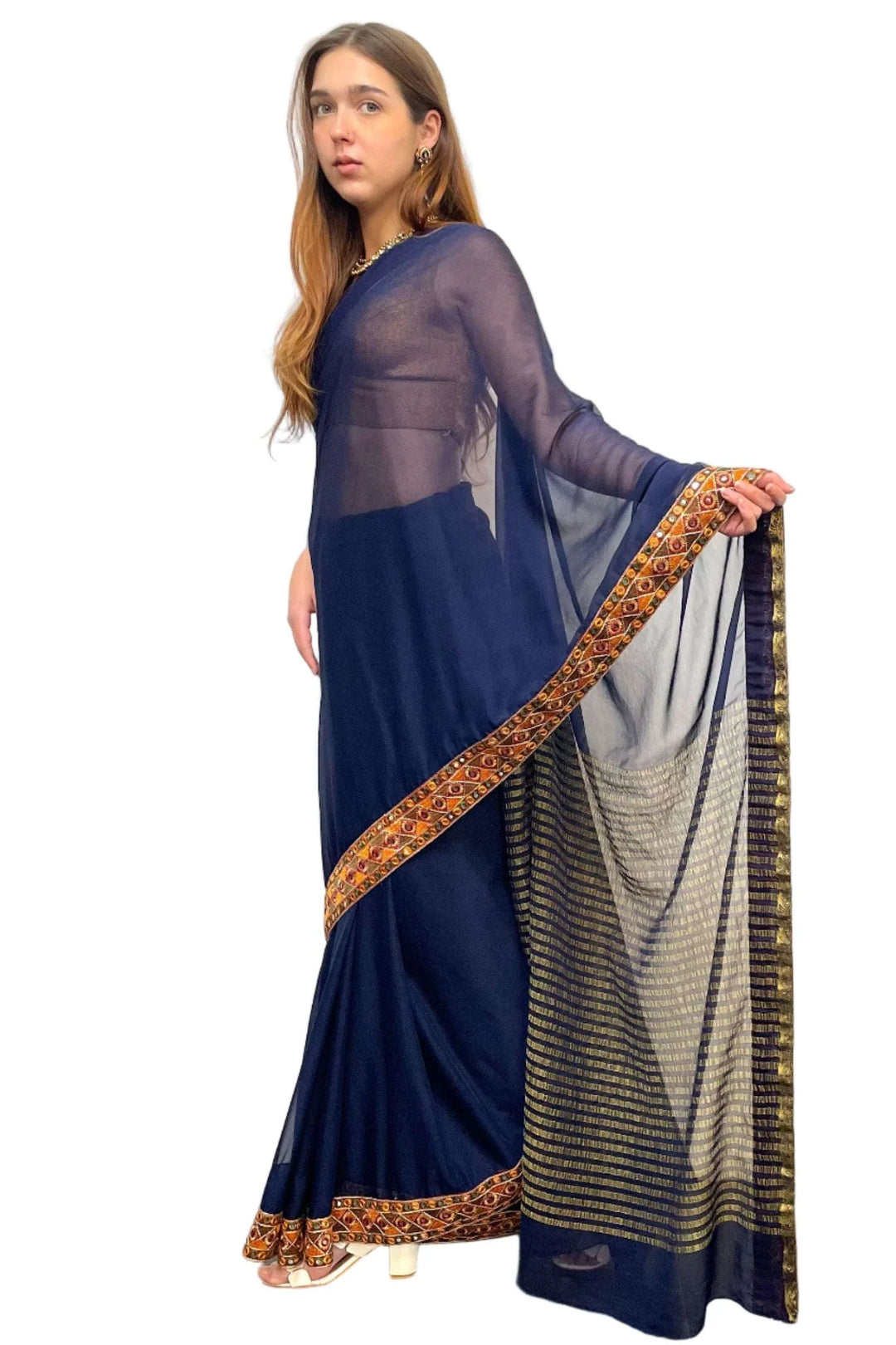 Navy Blue pure Gerogette Saree - myethnicrentals